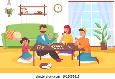 Board game at home. Happy family in room interior plays card role-playing game, joint collective hobby parents and children chips and cards on table. Friendly communication leisure time vector concept