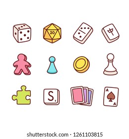 Board game icons in hand drawn cartoon style. Dice and play pieces, markers and cards. Vector clip art illustration.