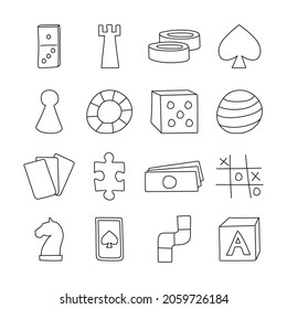 Board game icons in hand drawn cartoon style. Black and white doodle vector illustration.