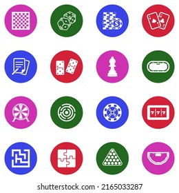 Board Game Icons. White Flat Collection In Circle. Vector Illustration.
