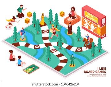 Board game isometric composition with people including kids and adults, desktop field, figures, cards, dice vector illustration