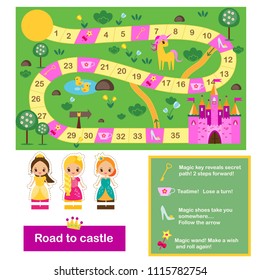 Board Game For Kids. Actvity For Girls. Fairy Tales Theme, Help Princeess Find Way To Castle. Printable Map With Figures