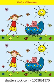 Board game for kids, find five differences. Vector illustration. Girl and stroller with teddy bear. At background meadow with flowers, butterflies and sun.