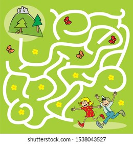 Board game, labyrinth, running kids go to the ruin, vector illustration
