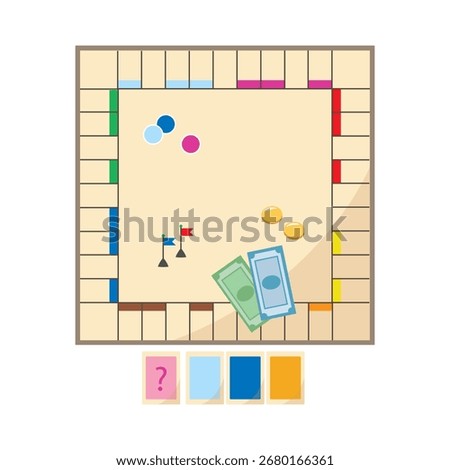 Board game layout with colorful spaces, player tokens, cards, and money on a white background. Concept of strategy and entertainment. Vector illustration