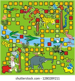 Board game, leisure activity, man and animals at tropic landscape, vector illustration