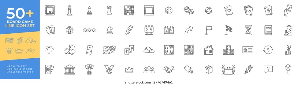 Board game line icon set featuring chess pieces, dice, playing cards, dominoes, puzzles, and tabletop strategy gaming symbols for recreation and entertainment concepts.