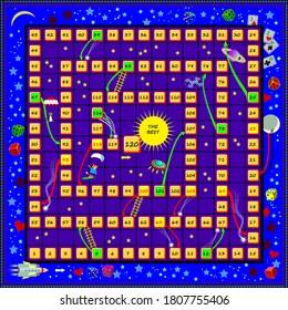 Board game for little children with a dice. Printable page for baby book. Development kids skills for counting. Study numbers. Vector cartoon illustration. Online playing.