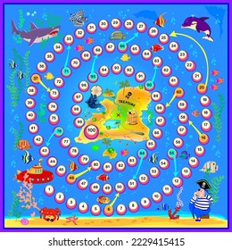 Board game for little children with a dice. Treasure island adventure. Printable page for baby book. Developing counting skills. Study numbers. Vector cartoon illustration for kids. Play online.