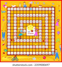 Board game for little children with a dice. Holidays adventure. Printable page for baby book. Developing counting skills. Study numbers. Vector cartoon illustration for kids. Play online.