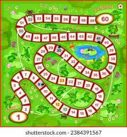 Board game for little children with a dice. Funny adventures with frogs. Printable page for baby book. Developing counting skills. Study numbers. Vector cartoon illustration for kids. Play online.