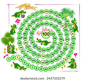 Board game for little children with a dice. Adventures of funny crocodiles. Printable page for baby book. Developing counting skills. Study numbers. Vector illustration for kids. Cartoon drawing.