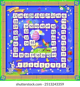 Board game for little children with a dice. Spring holidays adventures. Printable educational page for baby book. Developing counting skills. Play and study numbers. Vector illustration for kids.