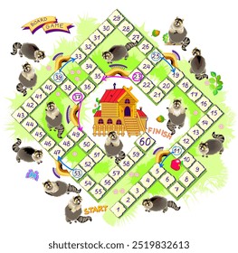 Jogo de tabuleiro para crianças pequenas com um dado. Jogo caseiro Raccoon. Página educacional imprimível para o livro do bebê. Desenvolver habilidades de contagem. Jogar e estudar números. Ilustração vetorial para crianças.