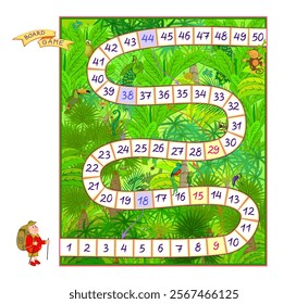 Board game for little children with a dice. Adventure in the jungle. Printable educational page for baby book. Developing counting skills. Play and study numbers. Vector illustration for kids.