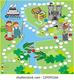 board game for little children, fun, leisure actvity, find way for treasure, vector illustration