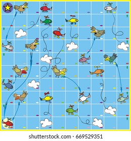Board game for little children, vector icon. Bkirds and helicopters on blue sky on background.