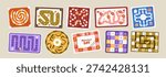 Board game, maze race set. Boardgames, top view. Step by step puzzles with path way, labyrinth and arrows. Quest and strategy play with track. Flat vector illustration isolated on white background.