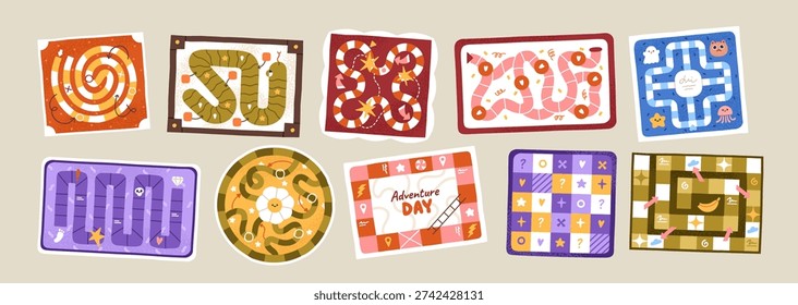 Board game, maze race set. Boardgames, top view. Step by step puzzles with path way, labyrinth and arrows. Quest and strategy play with track. Flat vector illustration isolated on white background.