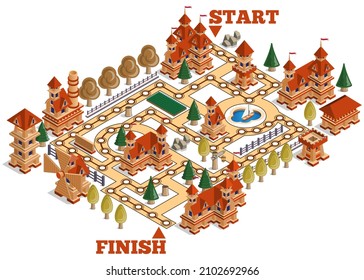 Board game of the medieval theme. Isometric. Isolated on white background. Vector illustration.
