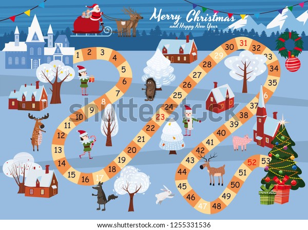 Board game Merry Christmas and Happy New Year.\
Santa Claus in a sleigh on the Magic Deer rides through the winter\
country to the Christmas tree. Forest animals, snowman, helpers\
Elves, vector