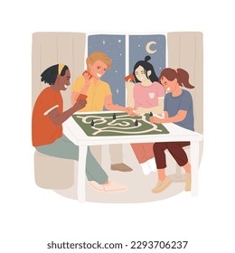 Board game night isolated cartoon vector illustration. Teens sitting around table, playing board game, night celebration at home, people communication, guys smiling and talking vector cartoon.