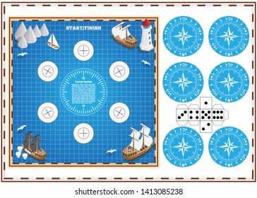 A board game on the marine theme. Set for handmade. Vector illustration.