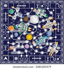 A board game on the space theme. On a dark background. Vector illustration.