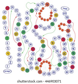 The Board game one hundred strokes with movements up and down, color numbers.