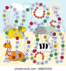 The Board game one hundred strokes with movements up and down, color numbers on background of the animals of the Savannah.