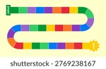 Board game path for kids activity book, colorful road map with start and finish tiles vector illustration.
