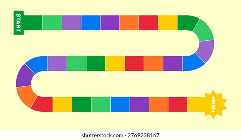 Board game path for kids activity book, colorful road map with start and finish tiles vector illustration.