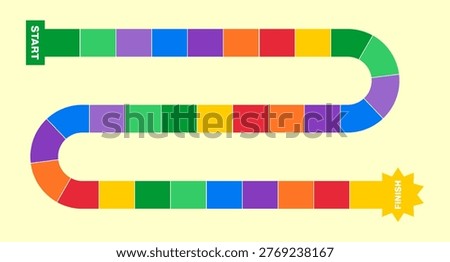 Board game path for kids activity book, colorful road map with start and finish tiles vector illustration.
