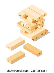 Board game of physical skills, isolated pieces of wood forming tower. Leisure and entertainment, having fun and spending pastime. Playing blocks and removing at turn. Vector in flat style illustration