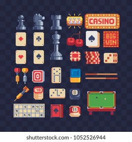 Board game pixel art 80s style icons set casino, poker, playing cards, chess, checkers, dominoes, darts, billiards isolated vector illustration. Design for logo, sticker, app. Game assets 8-bit sprite