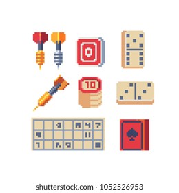 Board game pixel art 80s style icons set darts, bingo, cards, poker, domino and playing chips isolated vector  illustration. Design for logo, sticker, app. Game assets 8-bit sprite sheet.