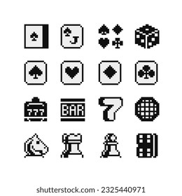 Board game pixel art icons set dice casino gambling isolated vector illustration. Big Win sign. Playing cards poker. Design for logo, sticker, app. Game assets 1-bit sprite. 