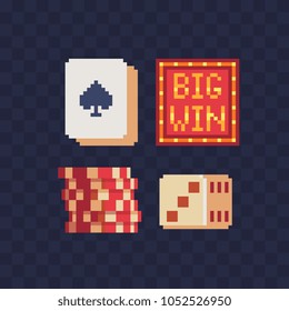 Board game poker pixel art icons set dice casino chips gambling isolated vector illustration. Big Win sign. Playing cards. Design for logo, sticker, app. Game assets 8-bit sprite. 