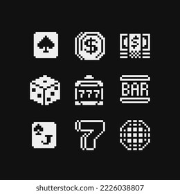 Iconos de arte de píxeles de póquer de juegos de mesa establecen la jugada de casino aislada ilustración vectorial. Gran señal de victoria. Jugando cartas. Diseño para logotipo, pegatina, aplicación. Juego de activos de 8 bits. 