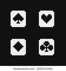 Board game poker playing cards pixel art icons set. Isolated vector illustration. Design logo, sticker, app. Game assets 1-bit sprite.