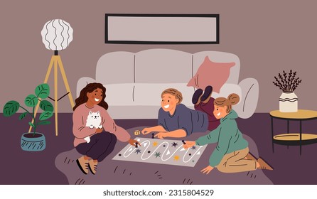 Board game process. Teenagers playing on floor. Living room. Home interior. Children move chips on map. Boy and girls group. Friends activity. Kids entertainment. Garish