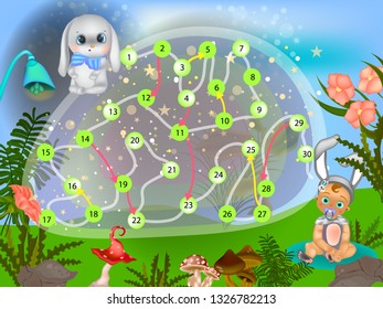 A board game with a rabbit for kids. Vector cartoon  Easter board game 