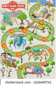 Board game with robots, mechanic machines, aliens, in escape island adventure illustration vector