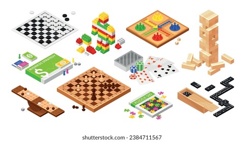 Board game set chess dominoes puzzle checkers and cards isometric vector illustration. Home family child party competition entertainment fun leisure activity poker business strategy dice constructor