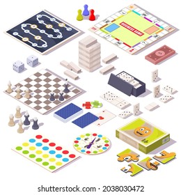 Board game set, flat vector isolated illustration. Isometric family table games for adults and kids. Chess, dominoes, jigsaw puzzle, spinner, playing cards.
