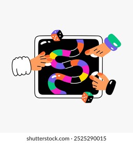 Board game with snakes and dice in flat vector illustration symbolizing strategy, fun, and entertainment, isolated on white background
