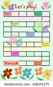 Board game template.Rectangular path of empty squares with START,FINISH,MISS A TURN,GO FORWARD,GO BACK,START AGAIN.You can insert fun questions,pictures to learn a foreign language. Flower Cartoon