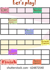 Board game template.Rectangular path "snake" of empty squares with START,FINISH,MISS A TURN,GO FORWARD,GO BACK,START AGAIN.You can insert fun questions,alphabet,pictures to learn a foreign language..