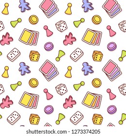 Board game themed seamless pattern. Colorful cartoon game pieces, playing cards and dice. Isolated vector tileable texture background.
