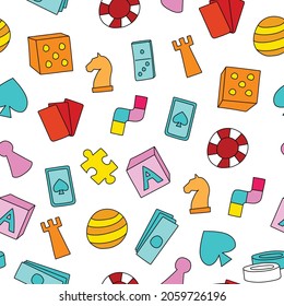 Board game themed seamless pattern. Colorful cartoon game pieces, playing cards. Pattern for wrapping paper or fabric